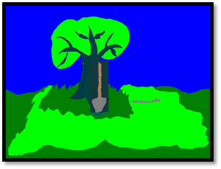 Title: Tree, shovel and crowbar - Description: A picture of the tree with the shovel leaning against the trunk.  There  is a blue sky and green grass.  The crowbar is lying to the right of the tree in the grass.