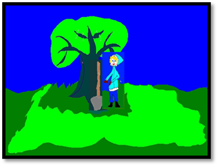 Title: Pry the shovel myself - Description: A picture showing the tree with the blue sky and the green grass.  The shovel is leaning against the tree and I am reaching with my mittened hands to pry the shovel away from the tree.