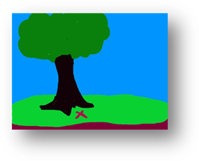 Title: The back of the tree - Description: At the back of the tree, on the green grass is a big red X.