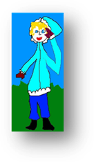 Title: Me looking around - Description: A picture of me in my light blue parka, blue jeans, black boots and brown mittens.  I have my left mittened hand shading my left eye as I look around.
