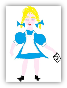 Title: A picture of the little girl. - Description: The little girl has blond pigtails with blue bows.  She is wearing a blue dress with a white pinafore aprin and black shoes.  She has a paper with writing on it in her left hand.