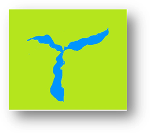 Title: The three lakes - Description: A picture of the three lakes meeting in the middle with grass all around them.