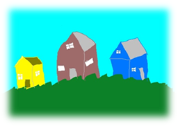Title: Three houses in the town - Description: This is a picture of three differently colored houses, one yellow, one brown and one blue on green grass with a light blue sky behind them.