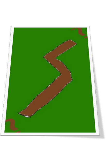 Title: A path - Description: This is a curvy brown dirt path surrounded by green grass. At each end of the path is a question mark.
