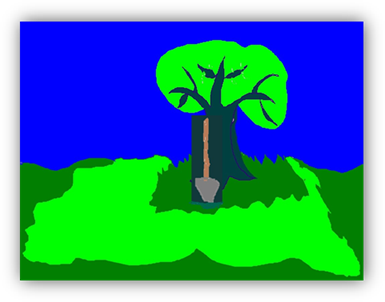 Title: Tree with shovel leaning against it. - Description: A tree with dark branches and trunk.  It also has light green leaves.  The shovel is leaning against the trunk.  There is a blue sky behind the tree and several shades of green grass around and under the tree.