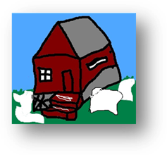 Title: A picture of my house. - Description: My house is painted brown with a grey roof.  On the front of the house is a window to the left and a door to the right.  Along the right side of the house is a long picture window.  The sky is blue and there is green grass with piles of snow scattered about.
