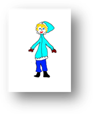 Title: A picture of me. - Description: I am wearing a light blue parka with white fur on the bottom and cuffs.  The hood is partially covering my blonde hair.  I am also wearing brown mittens, blue jeans and black boots.
